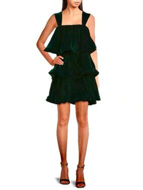 Buru Teagan Sleeveless Dark Green Velvet Tiered Ruffle Mini Dress Size S/M